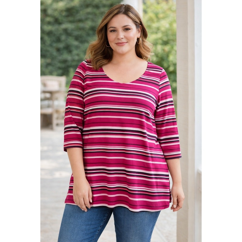 Jessica London Women's Plus Size 26/28 Pink Striped Top 3/4 Sleeve Stretch Cotto
